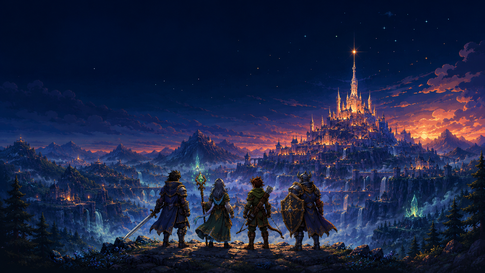 Four original fantasy adventurers overlooking an ancient mountain kingdom